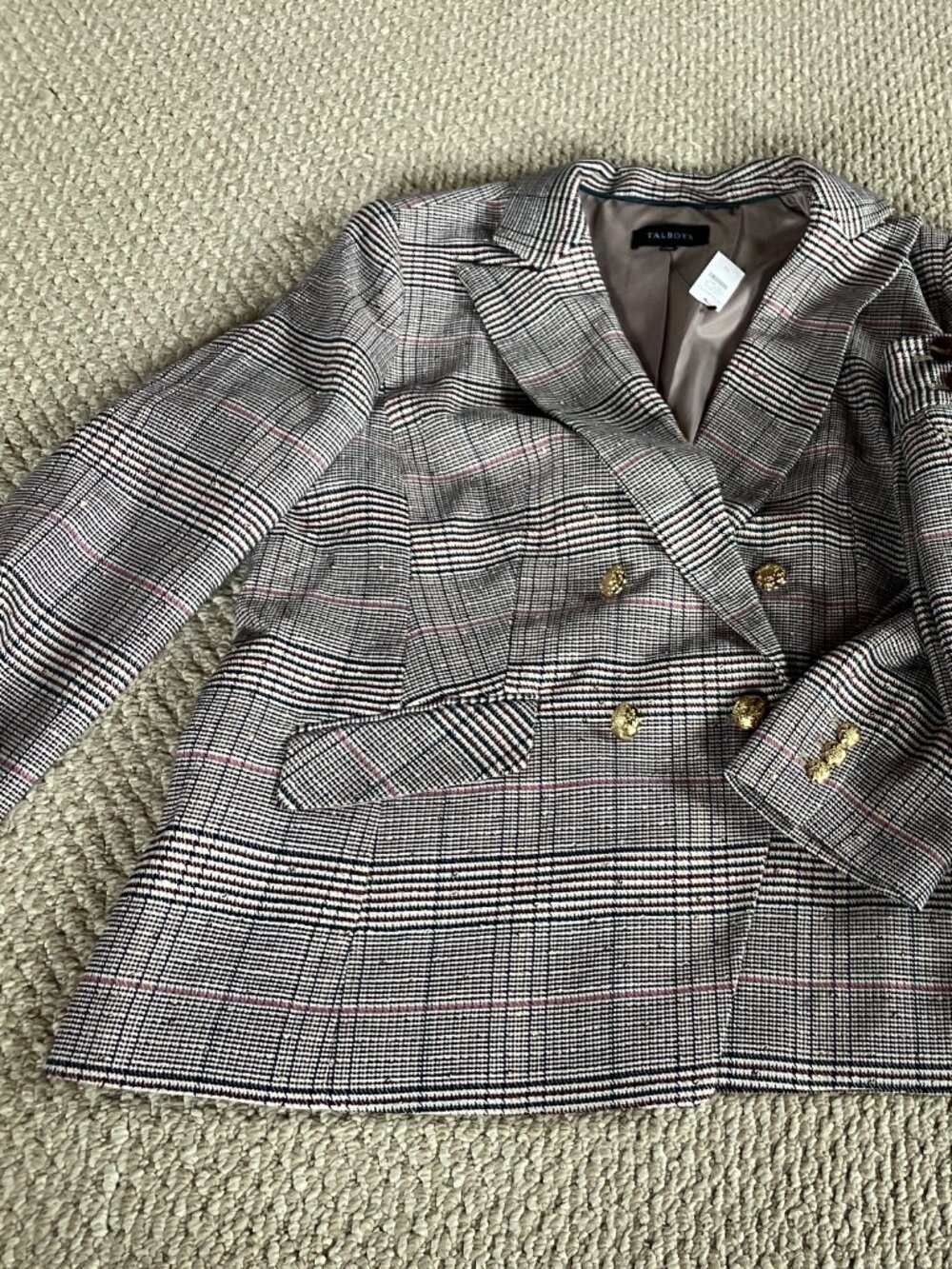 NWT Talbots 14 Ivory Glen Plaid Metallic Double Breasted Blazer